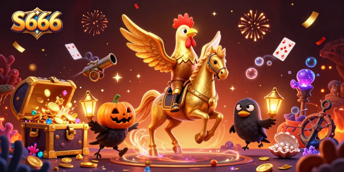 S666 offers exciting gameplay experiences illustrated by a golden rooster and spooky crow companions in a vibrant casino.