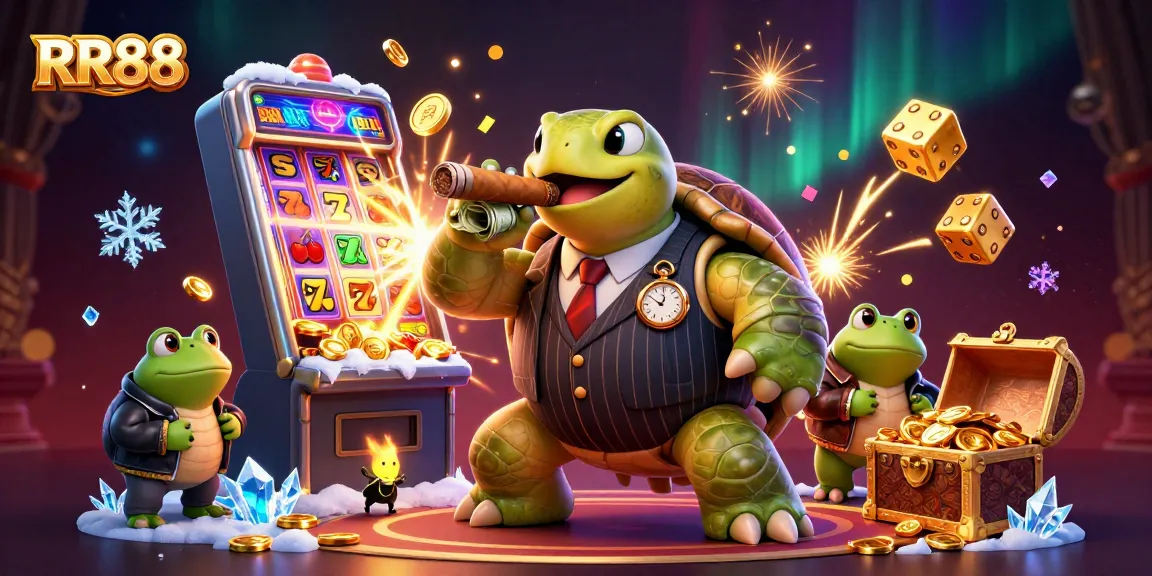 RR88's vibrant casino scene features a snapping turtle in a mobster suit with golden coins and jackpot elements.